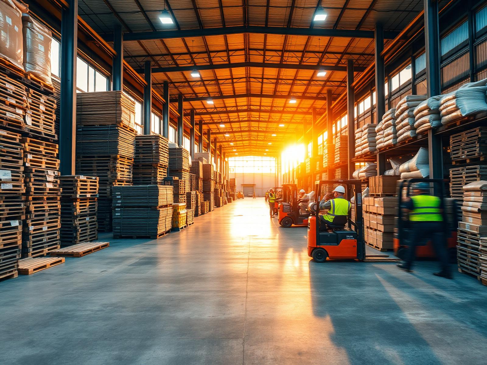 Almacén industrial de GSI Norte con tarimas, cemento, varilla y cajas en Monterrey, Nuevo León
